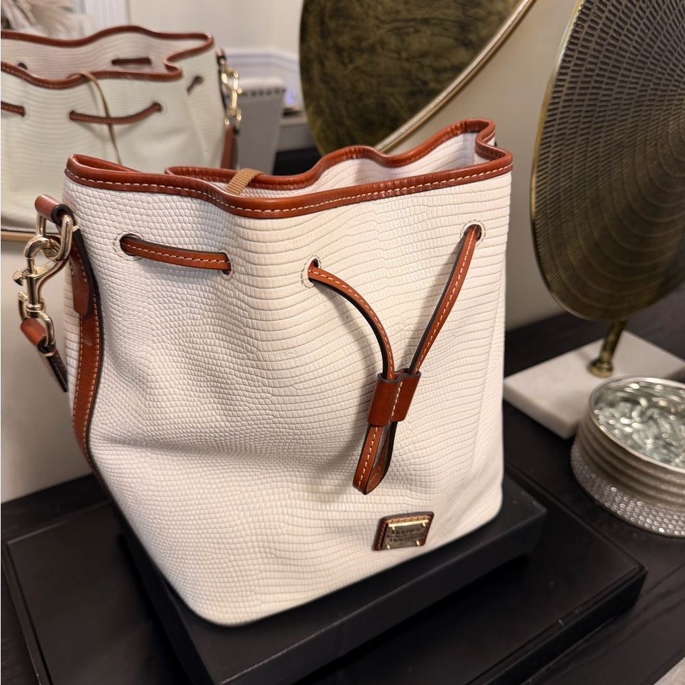 Dooney & Bourke White Textured Bucket Bag with Brown Trim